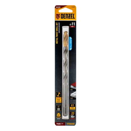 Сверло спиральное по металлу Denzel, 11 х 195 мм, Р6М5, Golden Tip, удлиненное 718264 купить в Нижневартовске