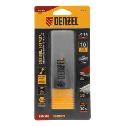 Сверло ступенчатое Denzel 723616, 4-6-8-10-12-14-16-18-20-22-24-26-28-30-32 мм, Р6М5К5, 6-гр. хвостовик купить в Нижневартовске