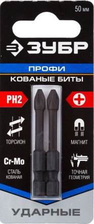 Биты ЗУБР &quot;ПРОФИ&quot; Phillips, тип хвостовика E 1/4&quot;, PH2, 50мм, 2шт, на карточке 26021-2-50-S2 купить в Нижневартовске