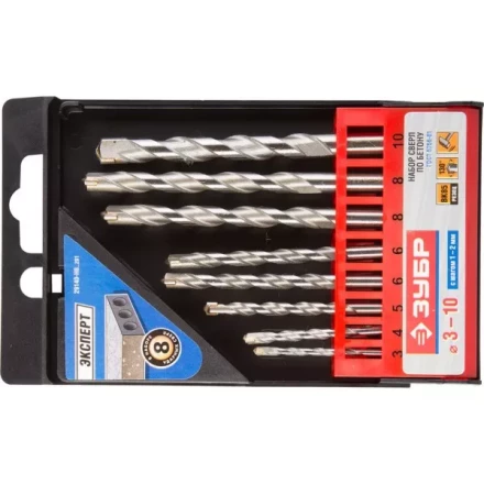 Набор ЗУБР Сверла по бетону ударные, 3-4-5-6-6-8-8-10 мм, пластиковый бокс, 8шт 29140-H8_z01 купить в Нижневартовске