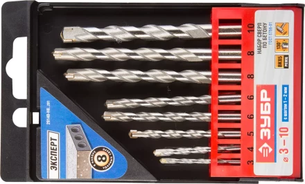 Набор ЗУБР Сверла по бетону ударные, 3-4-5-6-6-8-8-10 мм, пластиковый бокс, 8шт 29140-H8_z01 купить в Нижневартовске