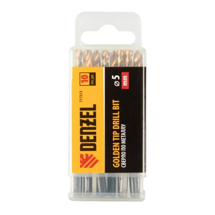 Сверло по металлу Denzel, 5 мм, HSS-Tin, Golden Tip, набор 10 шт., 717213 купить в Нижневартовске