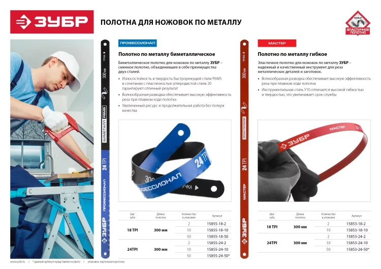 Полотно ЗУБР "ПРОФЕССИОНАЛ" по металлу, биметаллическое 18TPI, шаг 1,4мм, 300мм, 2шт 15855-18-2 купить в Нижневартовске