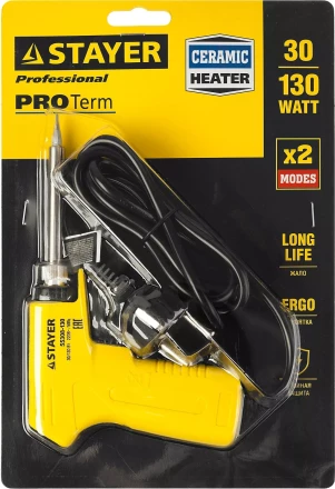 Паяльник с пистолетной пластмассовой рукояткой, STAYER "PROFI" PROTerm, 55308-130, 30 - 130 Вт, с керамическим нагревательным элементом 55308-130 купить в Нижневартовске