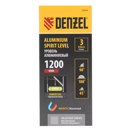 Уровень алюминиевый Denzel 33694, магнит, фрезерованный, 3 глазка (1 зеркал.), 0,5 мм/м, 1200 мм купить в Нижневартовске