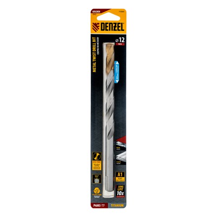 Сверло спиральное по металлу Denzel 12 x 205 мм, Р6М5, Golden Tip, удлиненное 718265 купить в Нижневартовске