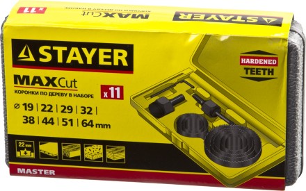 Набор STAYER &quot;MASTER&quot;: Коронки по дереву, d=11, 22, 29, 32, 35, 38, 44, 51, 64мм, 11шт 29600-H11 купить в Нижневартовске
