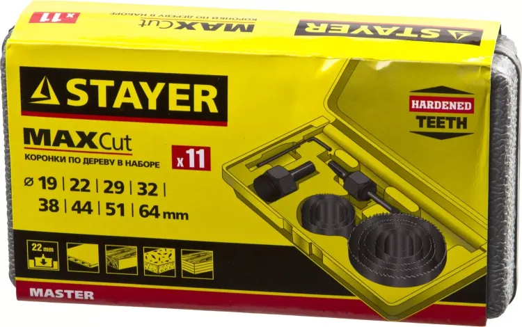 Набор STAYER "MASTER": Коронки по дереву, d=11, 22, 29, 32, 35, 38, 44, 51, 64мм, 11шт 29600-H11 купить в Нижневартовске
