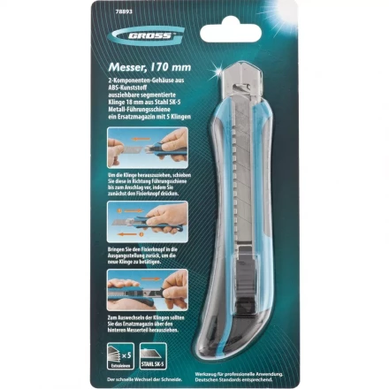 Нож 170 мм обрезин. ABS - корпус выдв.сегм.лезвие 18 мм SK-5 метал. напр-щая + 5 лезвий GROSS 78893 купить в Нижневартовске