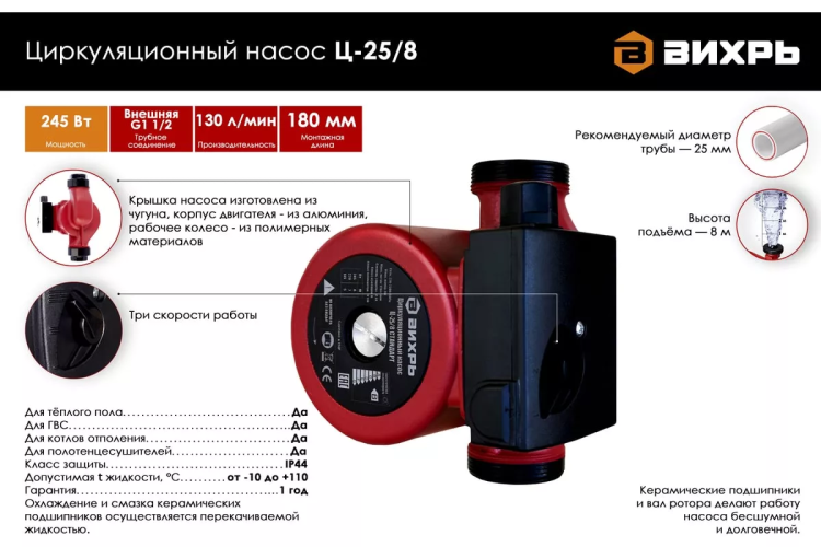 Циркуляционный насос Вихрь Ц-25/8 СТАНДАРТ 68/7/11 купить в Нижневартовске