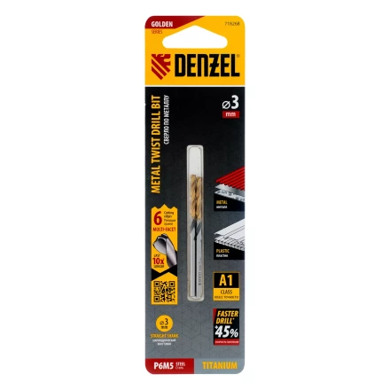 Сверло спиральное по металлу Denzel 3 x 61мм, Р6М5, Golden Tip, многогранная заточка, 2шт., 718268 купить в Нижневартовске