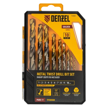 Набор сверл по металлу Denzel 723001, 1-10 мм, Р6М5-TiN, Golden Tip, 10 шт купить в Нижневартовске