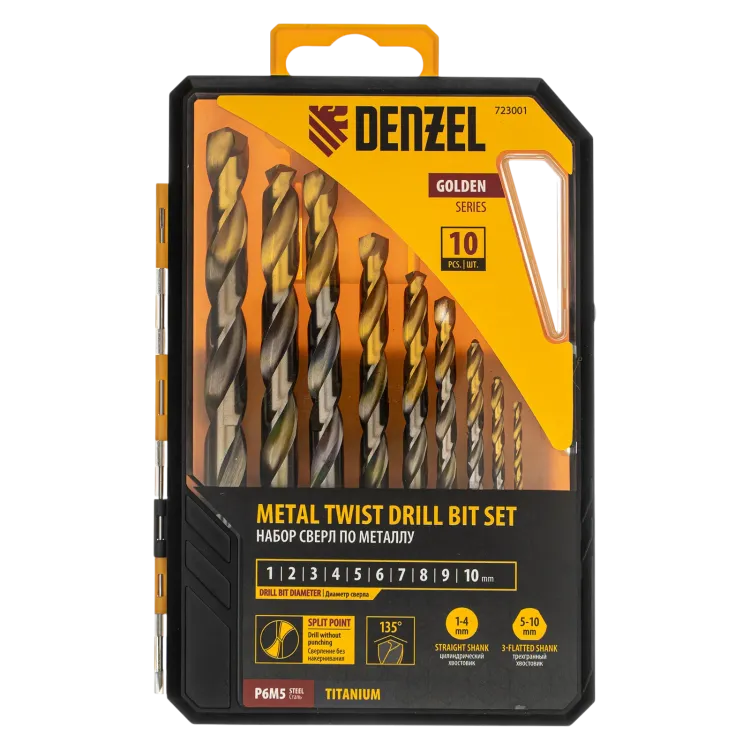 Набор сверл по металлу Denzel 723001, 1-10 мм, Р6М5-TiN, Golden Tip, 10 шт купить в Нижневартовске