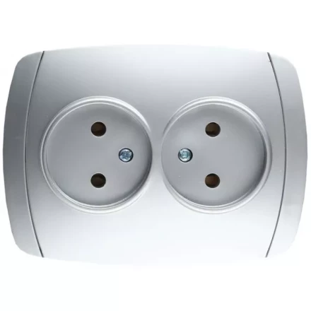 Розетка СВЕТОЗАР "АКЦЕНТ" двойная в сборе, без заземления, цвет серебристый металлик, 16А/~250В SV-54202-SM купить в Нижневартовске