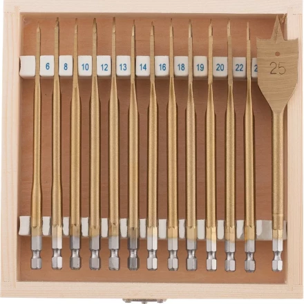 Набор сверл перовых по дереву 6-8-10-12-13-14-16-18-19-20-22-24-25 мм 13 штук деревянный кейс MATRIX 70442 купить в Нижневартовске