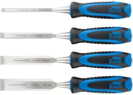 Набор долот-стамесок плоских 4шт 8-12-18-24 мм двухкомпонентная рукоятка металлический затыльник БАРС 24452 купить в Нижневартовске