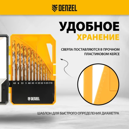 Набор сверл по металлу Denzel 723002, 1,5-6,5мм, Р6М5-TiN, Golden Tip, 13 шт купить в Нижневартовске