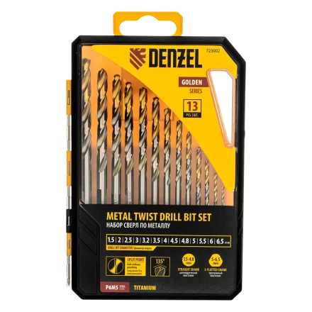Набор сверл по металлу Denzel 723002, 1,5-6,5мм, Р6М5-TiN, Golden Tip, 13 шт купить в Нижневартовске