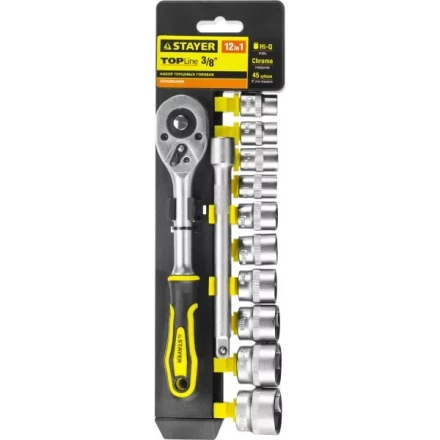 Набор STAYER "STANDARD": Торцовые головки (3/8") на пластиковом рельсе, трещотка, удлинитель, 10-24мм, 12 предметов 27752-H12 купить в Нижневартовске