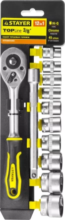 Набор STAYER "STANDARD": Торцовые головки (3/8") на пластиковом рельсе, трещотка, удлинитель, 10-24мм, 12 предметов 27752-H12 купить в Нижневартовске
