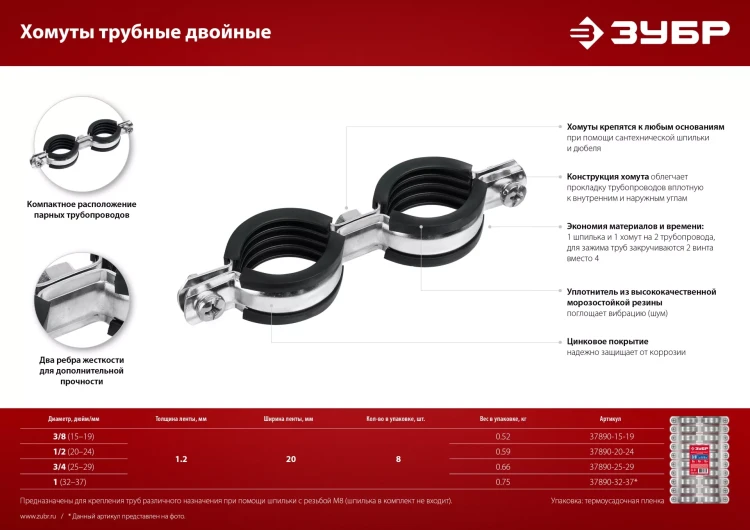 ЗУБР 1, цинк, 8 шт, двойной трубный хомут (37890-32-37) купить в Нижневартовске