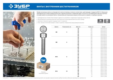 ЗУБР DIN 912, кл. пр. 8.8, М10 х 60 мм, цинк, 5 кг, винт с внутренним шестигранником, Профессионал (30318-10-060) купить в Нижневартовске