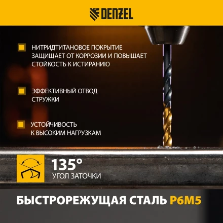 Набор сверл по металлу Denzel 723003, 1-10 мм, Р6М5-TiN, Golden Tip, 19 шт купить в Нижневартовске