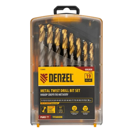 Набор сверл по металлу Denzel 723003, 1-10 мм, Р6М5-TiN, Golden Tip, 19 шт купить в Нижневартовске