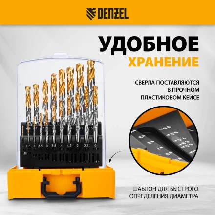 Набор сверл по металлу Denzel 723003, 1-10 мм, Р6М5-TiN, Golden Tip, 19 шт купить в Нижневартовске