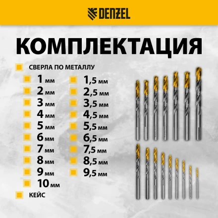 Набор сверл по металлу Denzel 723003, 1-10 мм, Р6М5-TiN, Golden Tip, 19 шт купить в Нижневартовске