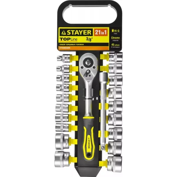Набор STAYER "STANDARD": Торцовые головки (3/8") на пластиковом рельсе, трещотка, удлинитель, 6-24мм, 21 предмет 27752-H21 купить в Нижневартовске