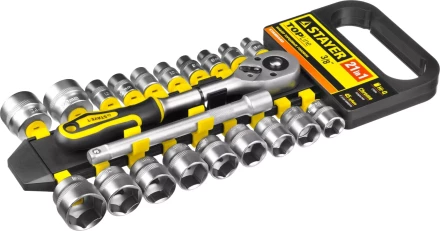 Набор STAYER "STANDARD": Торцовые головки (3/8") на пластиковом рельсе, трещотка, удлинитель, 6-24мм, 21 предмет 27752-H21 купить в Нижневартовске