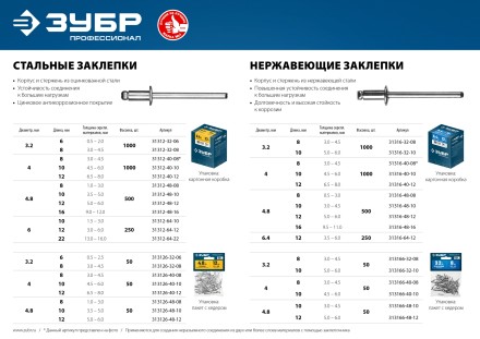 ЗУБР 3.2 x 10 мм, 50 шт, нержавеющие заклепки, Профессионал (313166-32-10) купить в Нижневартовске