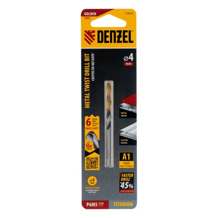 Сверло спиральное по металлу Denzel 4 x 75мм, Р6М5, Golden Tip, многогранная заточка 718272 купить в Нижневартовске
