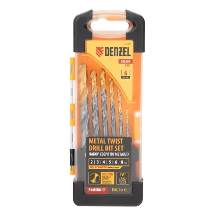 Набор сверл по металлу Denzel, 2-8мм, Р6М5К8-TiN, Golden Tip, 6 шт 723004 купить в Нижневартовске