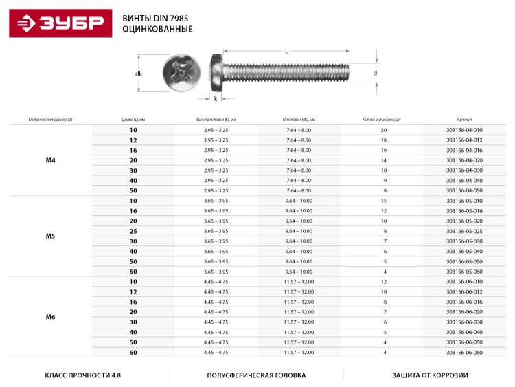 Винт DIN 7985 M4x30мм, 10шт, кл. пр. 4.8, оцинкованный, ЗУБР 303156-04-030 купить в Нижневартовске