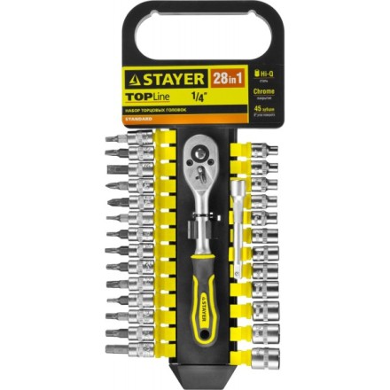 Набор STAYER &quot;STANDARD&quot;: Торцовые головки, биты-головки (1/4&quot;) на пластик рельсе, трещотка, удл-тель, 4-13мм, 28 пр. 27754-H28 купить в Нижневартовске