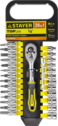 Набор STAYER "STANDARD": Торцовые головки, биты-головки (1/4") на пластик рельсе, трещотка, удл-тель, 4-13мм, 28 пр. 27754-H28 купить в Нижневартовске