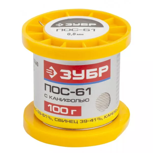 Припой ЗУБР, ПОС 61, трубка с канифолью, 100г, 0,8мм 55450-100-08C купить в Нижневартовске