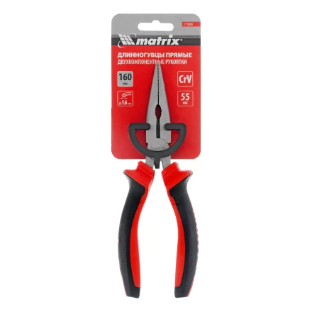 Длинногубцы прямые Matrix, 160 мм, хром-ванадий, двухкомпонентные рукоятки, 17309 купить в Нижневартовске
