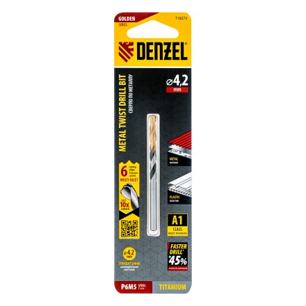 Сверло спиральное по металлу Denzel 4,2 x 75мм, Р6М5, Golden Tip, многогранная заточка, 718273 купить в Нижневартовске