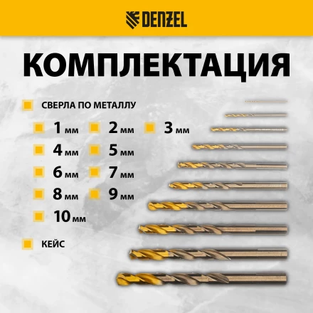 Набор сверл по металлу Denzel, 1-10 мм, Р6М5К8-TiN, Golden Tip, 10 шт 723005 купить в Нижневартовске