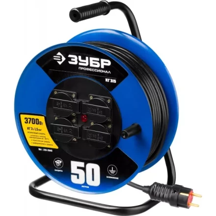 Удлинитель на катушке "КГ 315", 50 м, 3700 Вт, 4 гнезда, IP44, КГ 3х1,5 кв мм, ЗУБР 55080-50 купить в Нижневартовске