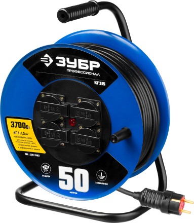 Удлинитель на катушке &quot;КГ 315&quot;, 50 м, 3700 Вт, 4 гнезда, IP44, КГ 3х1,5 кв мм, ЗУБР 55080-50 купить в Нижневартовске