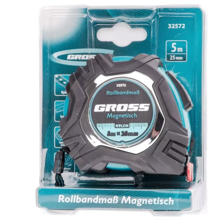 Рулетка Magnetisch 5 м х 25 мм обрезиненный корпус автоматическая фиксация Нейлоновое покрытиеытие зацеп с магнитом Gross 32572 купить в Нижневартовске