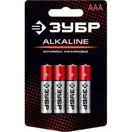 Батарейка &quot;ЗУБР&quot; &quot;ALCALINE&quot; щелочная (алкалиновая), &quot;AAA&quot;, 1,5В, 4шт 59221-4C купить в Нижневартовске