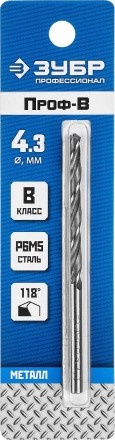 ЗУБР ПРОФ-В, 4.3 х 80 мм, сталь Р6М5, класс В, сверло по металлу, Профессионал (29621-4.3) купить в Нижневартовске