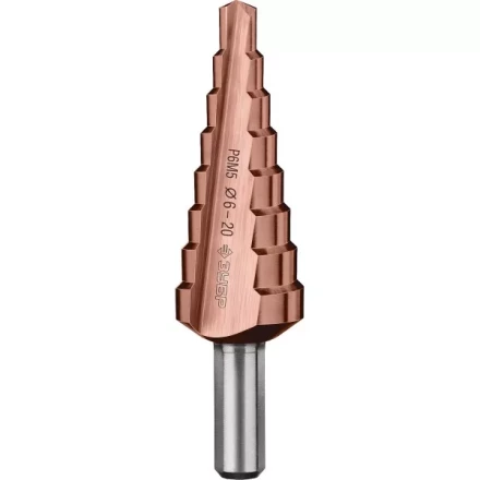 Сверло ЗУБР "КОБАЛЬТ" ступен. по сталям и цв.мет.ст.Р6М5 с кобальт.покрыт.d6-20мм, 8ступ.d6-20,L-75мм, трехгран.хв. 8мм 29672-6-20-8 купить в Нижневартовске