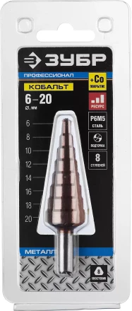 Сверло ЗУБР "КОБАЛЬТ" ступен. по сталям и цв.мет.ст.Р6М5 с кобальт.покрыт.d6-20мм, 8ступ.d6-20,L-75мм, трехгран.хв. 8мм 29672-6-20-8 купить в Нижневартовске