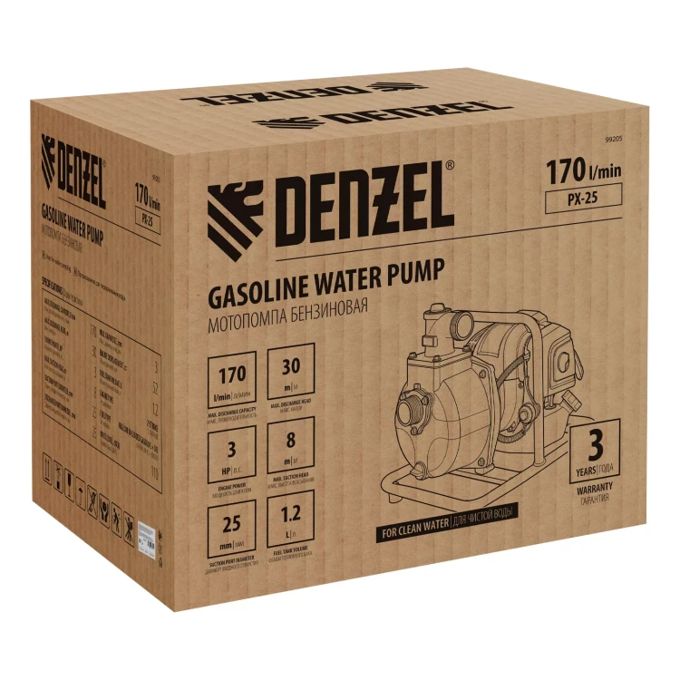 Мотопомпа бензиновая для чистой воды Denzel PX-25, 52 см3, 1", 170 л/мин, глуб 8 м, напор 30 м 99205 купить в Нижневартовске